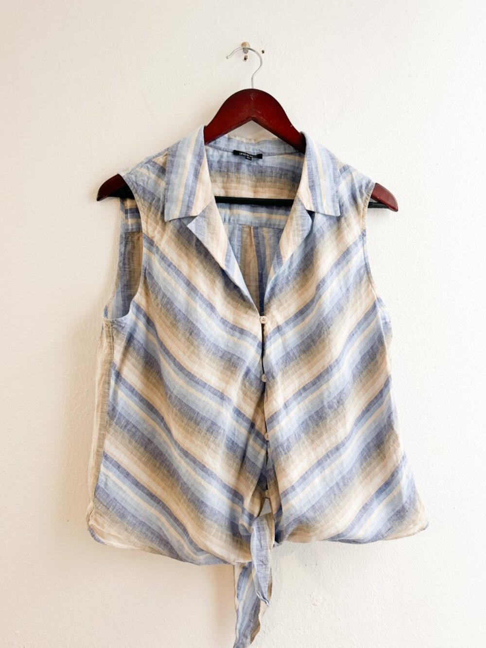 LAFAYETTE 148 100% Linen Stripped Sleeveless Button Up Tie Front Shirt